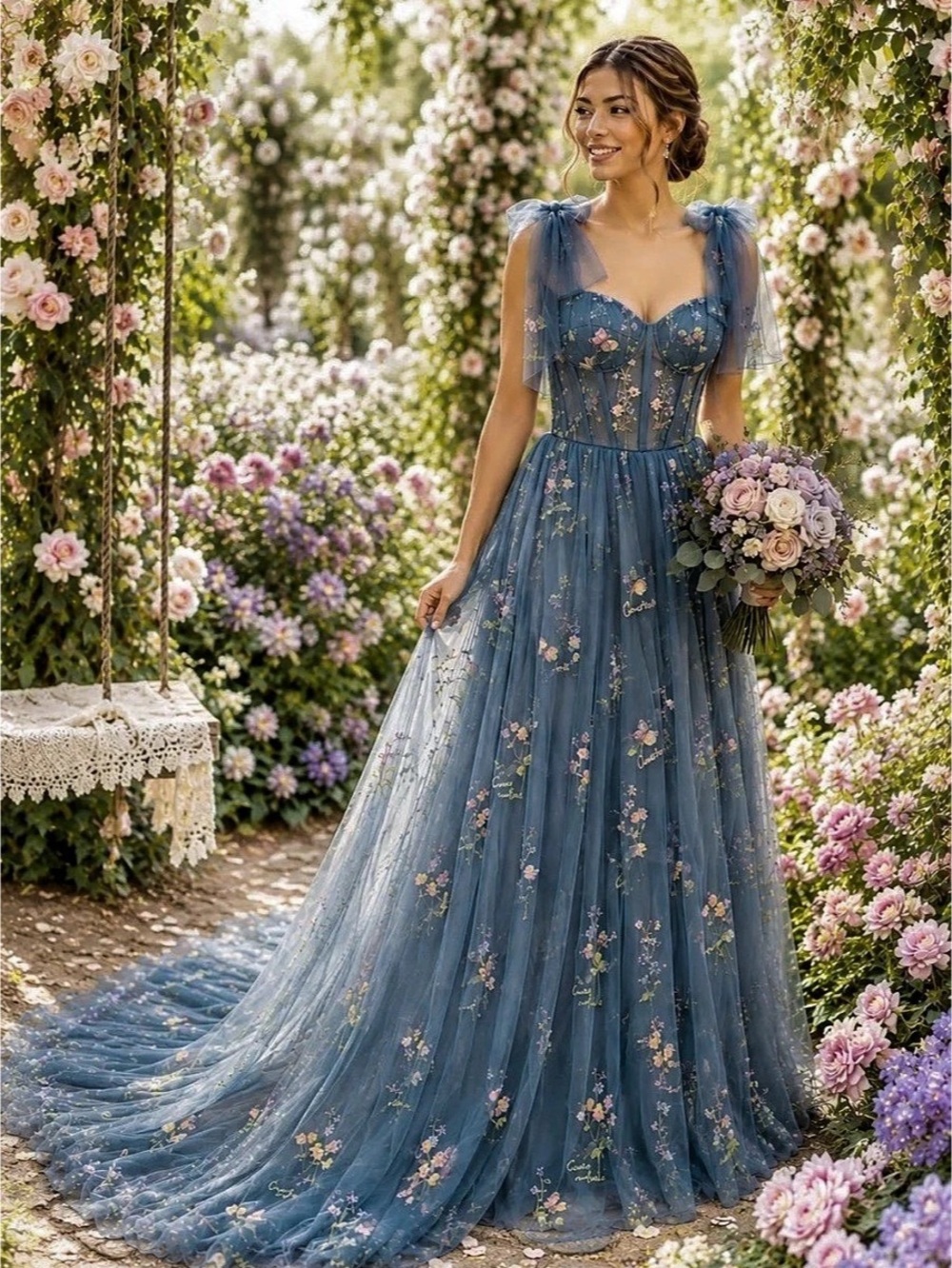 Grey Blue Floral Embroidered Tulle Corset A-Line Prom Formal Dress Size 10/12 PT